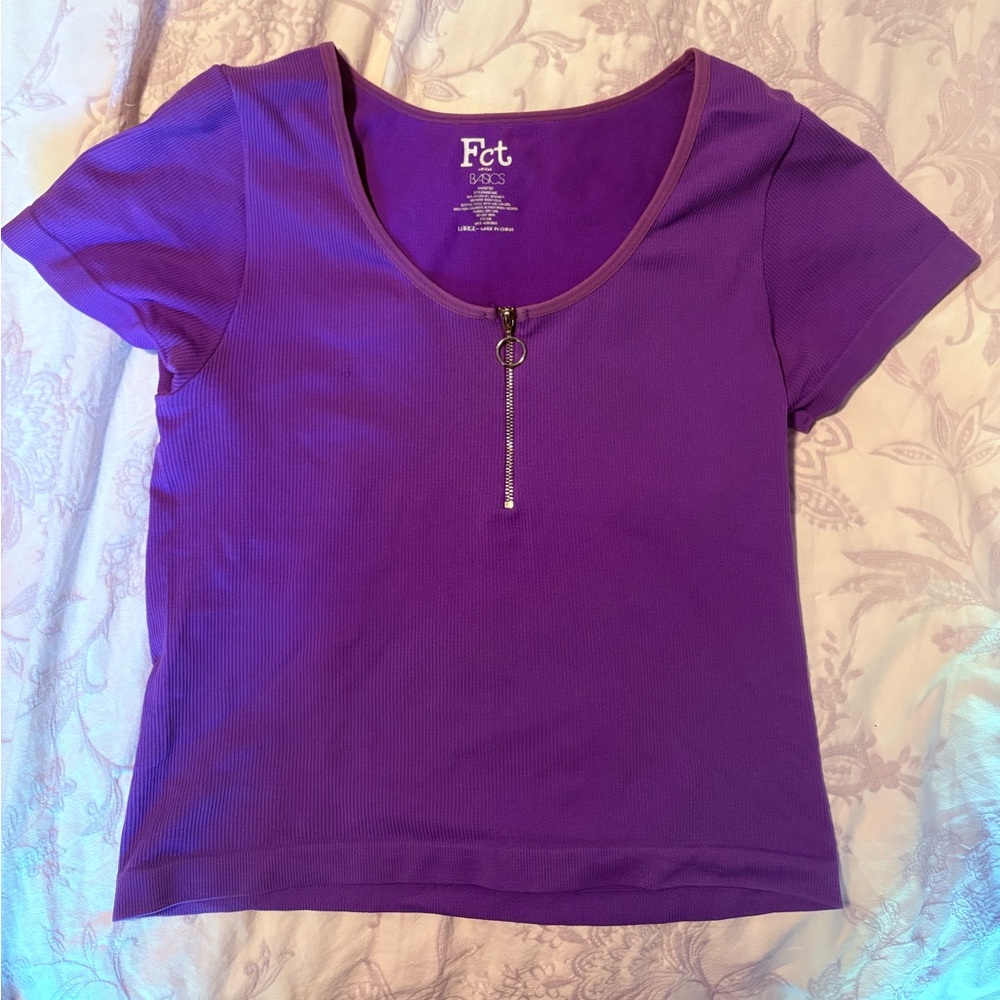 Vibrant Purple Short Sleeve Top with Zipper